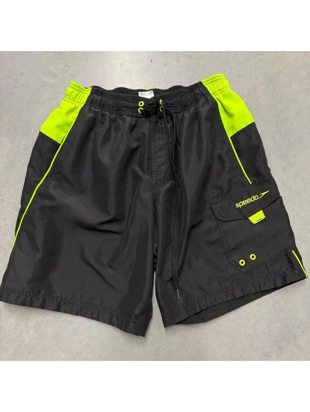 Y2K Men's Speedo Branded Swim Shorts Black and Neon Sized Small